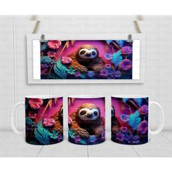 3d sloth coffee mug, floral animal tea cup, neon sloth mug, wildlife animal lover gift