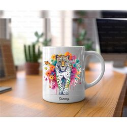 leopard mug, colour splash animal tea cup, leopard lover gifts
