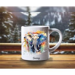 paint splash elephant mug, watercolour style safari animal coffee mug, elephant lover gift ideas
