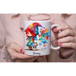 personalised autism gnome mug, autistic girl coffee tea cup, autism awareness mug, autism gifts in the uk