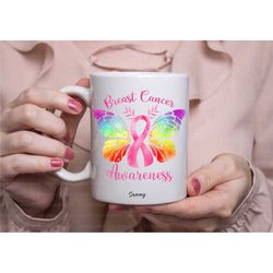 breast cancer awareness mug, rainbow coffee tea cup, awareness ribbon gifts, handmade in the uk