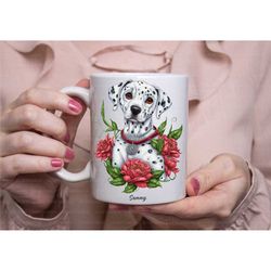 personalised dalmatian mug, floral dalmatians coffee tea cup, dog lover gifts, handmade in the uk