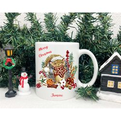 christmas woodland animal mug, woodland lover gift, winter wonderland xmas cup, holiday hamster mug