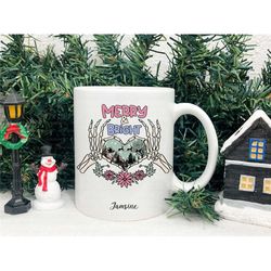 gothic christmas mug, personalised dark xmas cup, merry and bright skeleton gift