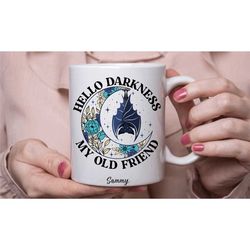 gothic mug, hello darkness my old friend, personalised goth bat gifts