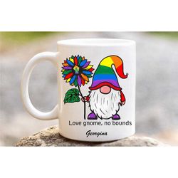 pride gnome mug, personalised lgbtq gonk lover coffee tea cup, love gnome no bounds, handmade in the uk
