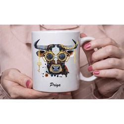 steampunk cow mug, personalised cow lover coffee tea cup, steampunk bull gifts, handmade in the uk