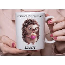 happy birthday mug, personalised hedgehog coffee tea cup, hedgehog lover gifts, handmade in the uk