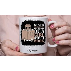 personalised book mug, never underestimate the power of a girl with a book ,gift for book lovers in the uk