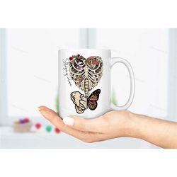 retro gothic mug, staying alive skeleton coffee tea cup, goth gifts for her, handmade in the uk