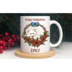 winter fox mug, personalised christmas coffee / tea cup, arctic fox lover gifts