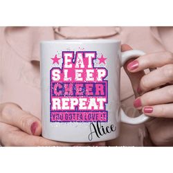 cheerleader mug, personalised eat sleep cheer repeat coffee/tea cup, cheerleader, cheerleading lover gifts in the uk