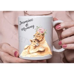 personalised mother's day mug, lion mum and child mug, lion mug, mother day coffee/tea cup, mum gift in the uk