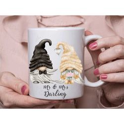 personalised wedding mug, mr and mrs mug, wedding day, gnome bride and groom, gnome wedding gifts in the uk
