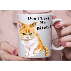 grumpy cat mug, funny cat coffee cup, don't test me bitch, cat lover gift, for her in the uk