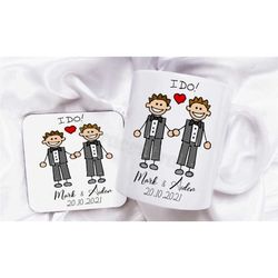 gay wedding gift, personalised gay mug and coaster, same sex wedding coffee tea cup, pride wedding gifts in the uk