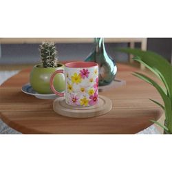 boho mug pressed flower 2 color coffee mug botanical teacup cottagecore cup pink & yellow gift for her flower garden lov