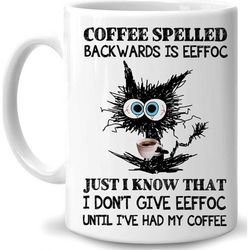 coffe spelled backwards is eeffoc 11 oz coffee mug cat mug, gift. christmas