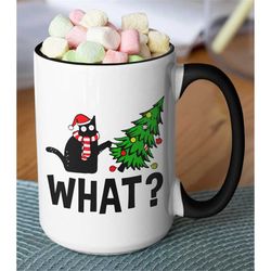 cat mug 11 oz christmas, coffee gift winter. funny cat what christmas mug, black cat mug, cute cat knocking over tree mu