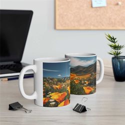 california poppies scenic mug, ceramic coffee cup featuring a scenic design of vibrant california poppies. sip in the na