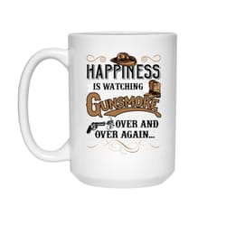 happiness is watching gunsmoke over and over again mug, 11-15oz