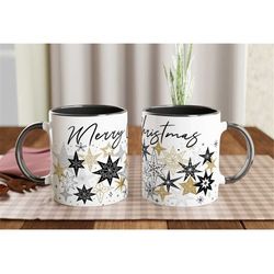 merry christmas mug, black, silver & gold stars coffee cup, winter teacup, holiday party drinkware, seasonal kitchenware
