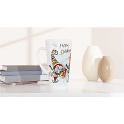 winter gnome latte mug, tall christmas coffee cup, cute large holiday mug, snow themed drinkware