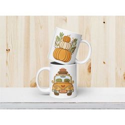 large 11oz retro car & pumpkins mug, cute fall coffee cup, autumn drinkware, seasonal kitchen and home dcor