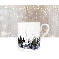 fine bone china winter mug made in europe, snowy wonderland teacup, christmas town coffee cup, holiday drinkware, espres