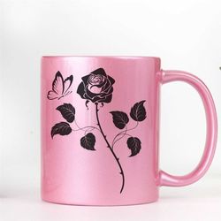 pink floral butterfly mug, bright colorful metallic coffee cup, 11oz ceramic rose tea cup with handle, pretty shimmering