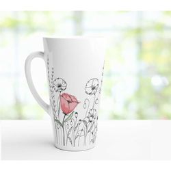 tall latte mug, large floral tea cup, pretty botanical ceramic coffee cup, nature themed drinkware, gift for flower love