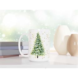 winter tree mug, holiday coffee mug, large christmas tree coffee cup, aesthetic tree mug, gold snowflakes mug, watercolo
