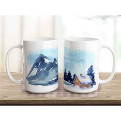 woodland cabin mug, winter mug, mountain coffee cup, large ceramic mug, kitchen decor, winter tree coffee mug, woodland