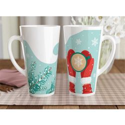 large winter mug, tall latte mug, holiday coffee cup, snowflake mug, mittens holding coffee cup, snowy tree mug, winter