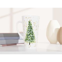 winter tree latte mug, tall holiday coffee mug, large christmas tree coffee cup, aesthetic tree mug, gold snowflakes mug