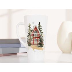 winter cabin coffee mug, woodland mug, winter themed mug, snowy trees coffee cup, christmas gift, woodsy mug, red cabin