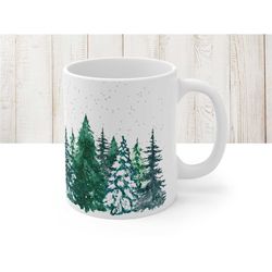 winter tree mug, woodland coffee cup, evergreen pine forest drinkware, rustic kitchen decor, beautiful rustic teacup, na