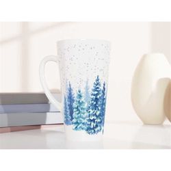 watercolor woodland winter latte mug, tall tree mug, trees coffee cup, cabin home decor, winter landscape mug, tree love