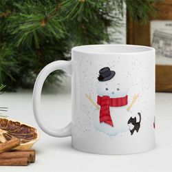 cat winter mug, snowman coffee mug, large winter mug, cat christmas cup, animal holiday mug, winter kitchen decor, teach