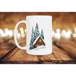 woodland cabin mug, winter mug, christmas coffee cup, large holiday mug, kitchen decor, cute tree coffee mug, woodland m
