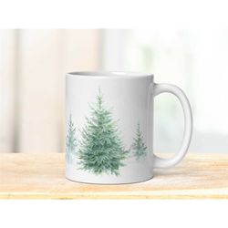 spruce trees mug, woodland coffee cup, evergreen drinkware, pretty artistic forest teacup, nature inspired home decor, t