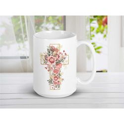 rose cross mug, watercolor flowers coffee cup, beautiful botanical teacup, spring floral boho drinkware, nature inspired