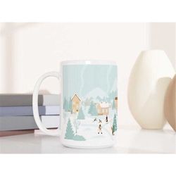 winter village mug, winter scene coffee mug, winter themed coffee cup, large holiday mug, snow christmas mug, home decor