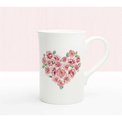 floral heart mug, rose valentine mug, porcelain mug, heart tea cup, botanical mug, personalized valentine mug, floral de