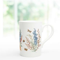 floral butterfly porcelain mug, wildflowers coffee mug, flower bouquet tea cup, porcelain tea cup, watercolor flower mug
