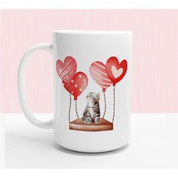 cute tabby kitten mug, cat valentines coffee cup, heart balloons teacup, ceramic animal themed drinkware, custom kitty t