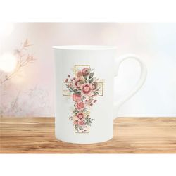 rose cross porcelain mug, small floral coffee cup, botanical lightweight teacup, spring floral drinkware, nature inspire
