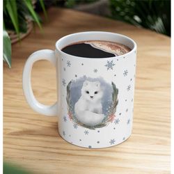 arctic fox mug, winter fox mug, woodland animal coffee mug, woodland holiday mug, cabin decor, snow aesthetic coffee cup