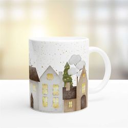 cute village scene mug, scandinavian christmas town coffee cup, winter themed gifts, city landscape drinkware, pretty ho