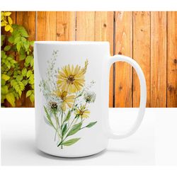 wildflower bouquet mug, yellow flowers large teacup, pretty watercolor botanical ceramic coffee cup, boho floral nature